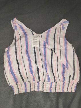Striped V-Neck Cropped Tank Top - White with Blue & Pink Stripes